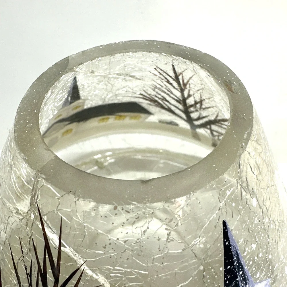 Yankee Candle Crackle Glass Shade Topper Round Plate Winter Snow Chapel Church